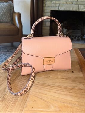 Coach Pink Pebbled Leather Satchel with Leopard-Trim Strap